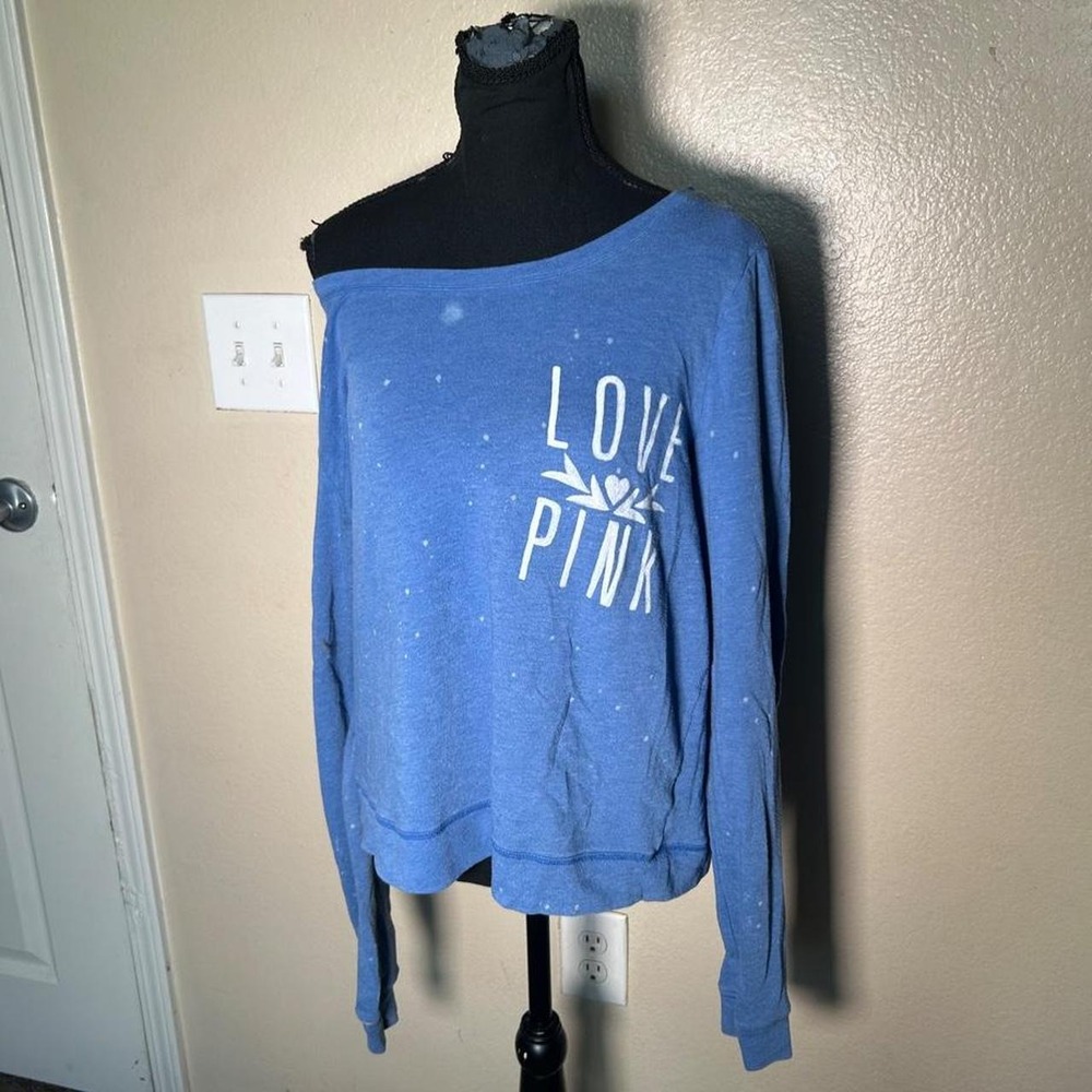 Victoria's Secret PINK Y2K Blue Long Sleeve Top Love Pink Graphic Distressed M